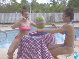 Camsoda teens with big ass and big tits produce a watermelon explode with rubber ba