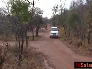 Black teen sucks and licks hard white prick during safari
